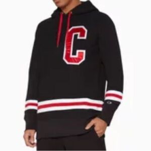 Champion Vintage Reverse Weave Hoodie Black Red Varsity “C” Patch Size Medium